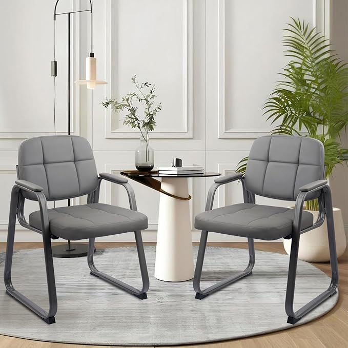 CLATINA Leather Guest Chairs Set of 2 Office Reception with Padded Arms Desk Chair with Sled Base for Office Conference Waiting Room Grey