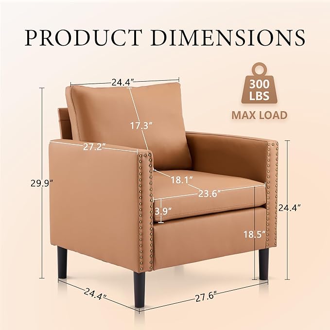Sepnine Modern Accent Chair Mid-Century Faux Leather Armchair for Living Room Comfy Upholstered Club Chair Sofa Chair with Decorative Rivet Accents for Bedroom Reading Room (Brown 1 Pack)