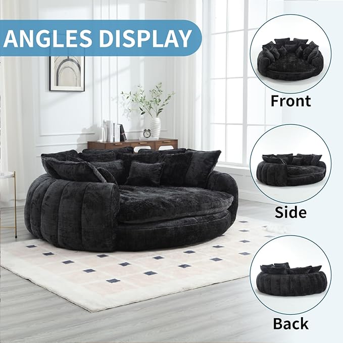 81 Oversized Round Sofa Bed Large Chenille Bean Bag Chair No Assembly Required Cloud Couch Fluffy Plush Chaise Lounge Chair Indoor Modern Sleeper Sofa with Deep Seat for Living Room (Black)