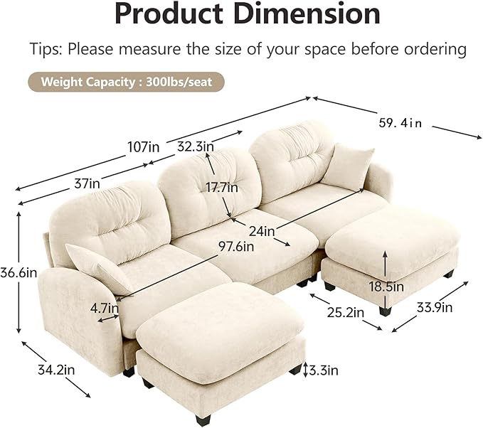 107 Oversized Modular Sectional Sofa Beige Large Sectional Couches for Living Room Chenille Fluffy Sofa Set Cloud 3 Seater Comfy Modular Couches with 2 Ottomans Modern Sofas para Sala U Shaped