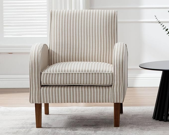 VESCASA Upholstered Accent Chair with Wood Legs Linen Comfy Single Sofa with Curve Arms Modern Side Club Leisure Chair for Reading/Living Room/Bedroom Khaki Stripe