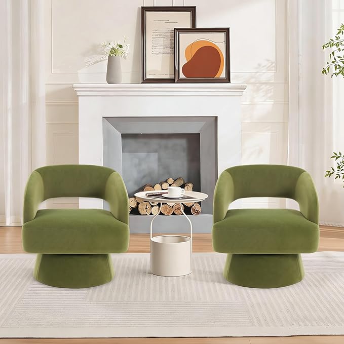 GarveeHome Modern Swivel Barrel Accent Chair 360° Velvet Upholstered Armchair with Striped Backrest &amp Plush Padding Comfy Round Lounge Chair (2 Green + Hollowed)
