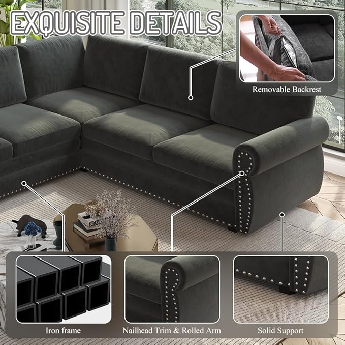 118 L Shaped Sectional Sleeper Sofa Couch with Pull Out Bed Oversized Chenille Convertible Sectional Couches with Nailhead Trim &amp Rolled Arm for Living Room Removable Sofa CoverDark Gray