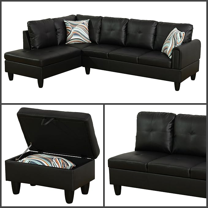 L-Shaped Sectional Sofa with Movable Chaise &amp Storage Ottoman Leather 3-Piece Modular Convertible Couches for Living Room Apartment &amp Office Black