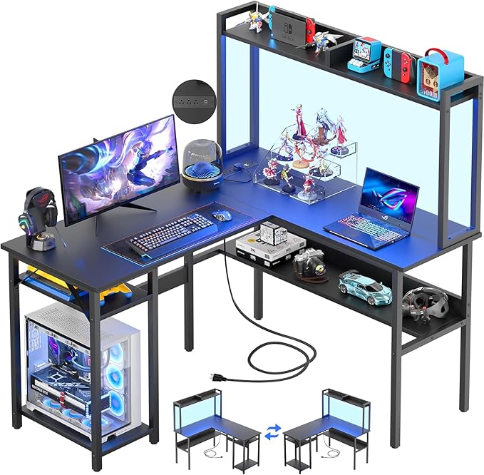 Unikito L Shaped Gaming Desk with LED Strip and Power Outlets Reversible L-Shaped Computer Desk with Storage Shelves Corner Desk with Hutch 2 Person Home Office Desk Black