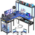 Unikito L Shaped Gaming Desk with LED Strip and Power Outlets Reversible L-Shaped Computer Desk with Storage Shelves Corner Desk with Hutch 2 Person Home Office Desk Black