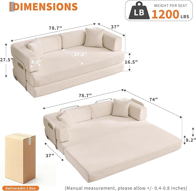 Garvee 5-in-1 Convertible Sofa Bed 78.8 Modular Corduroy Sleeper with Sturdy Frame &amp No Assembly Multi-Functional Futon for Small Space Living Room &amp Guest Room (Green) (Beige)