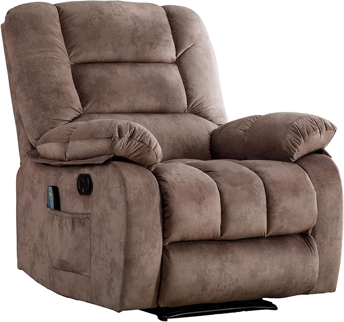 EBELLO Massage Recliner Chair with Vibration Massage and Heat Soft Fabric Overstuffed Manual Reclining Sofa Chair for Living Room with Side Pocket Light Brown