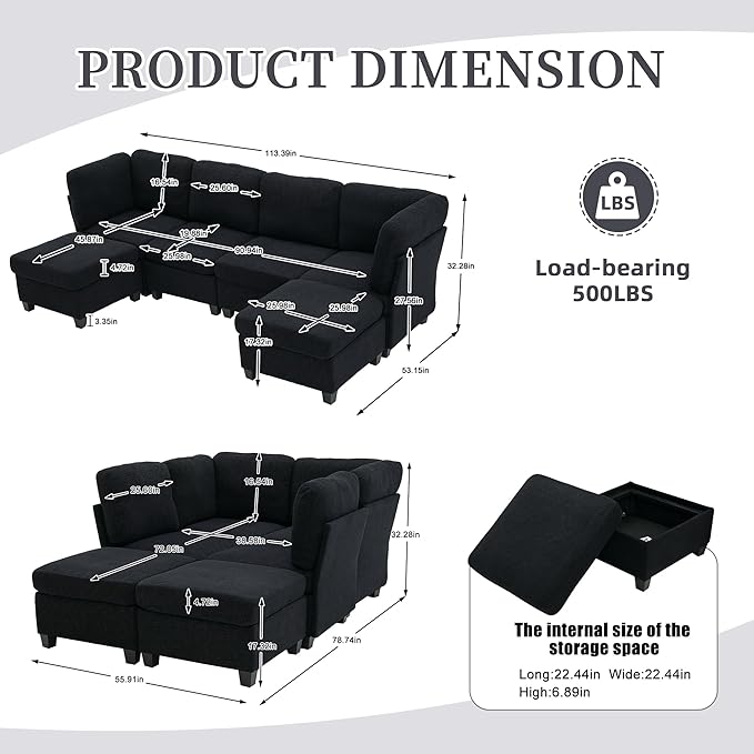 113 U Shaped Modular Sectional Sofa Couch with Storage Ottoman 6 Seat Convertible Upholstered Deep Seat Sleeper Sofa with Chaise Lounge Cloud Couch for Living Room Black