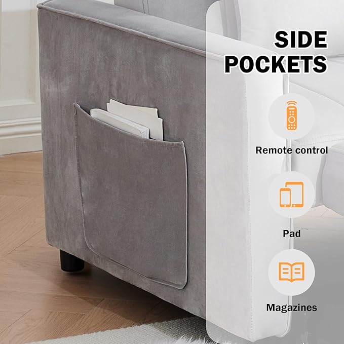 Convertible Sofa BedVelvet Sleeper Sofa Bed with Side Pockets 3 in 1 Pull Out Couch with Adjustable Backrest for Living Room Bedroom Apartment (Grey)