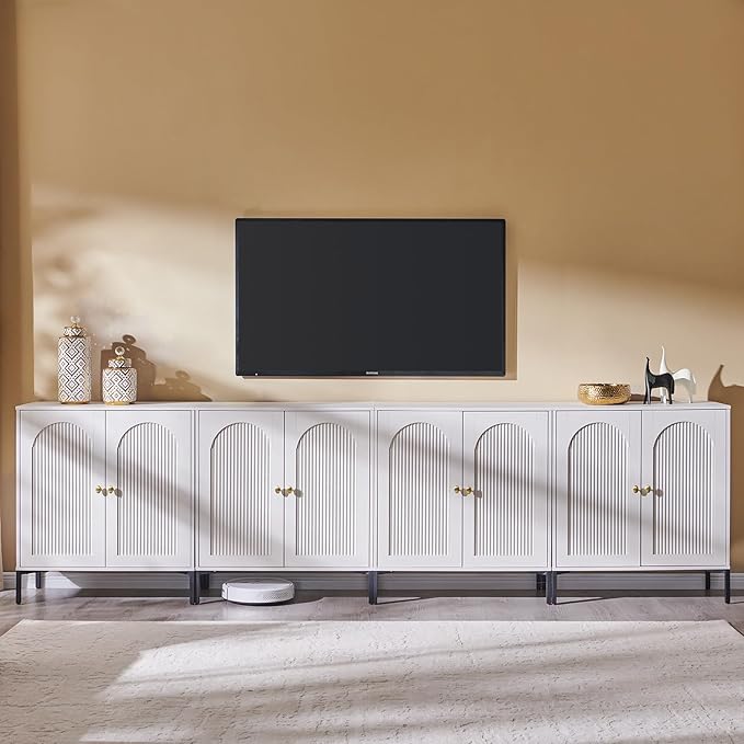 Modern TV Stands for 85 Inch TVs 123.5‬W Wood Entertainment Center w/Adjustable Shelves Mid Century Modern TV Stand w/Arched Fluted Doors Media Console Cabinet for Living Room White