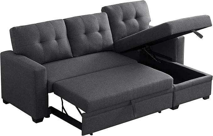 ACQCA 82 L Shaped Sleeper Sofa Pull Out Couch Bed with Storage Chaise and 3 Tufted Back Cushion for Living RoomApartmentOfficeDark Gray