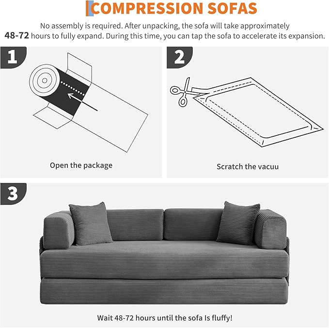 Convertible Sleeper Sofa Bed 78.8 Floor Sofa Bed 5-in-1 Folding Mattress Couch Loveseat with Fixed-Shape Frame Pillow Corduroy Fabric for Living Room Bedroom Lounge (Gray)