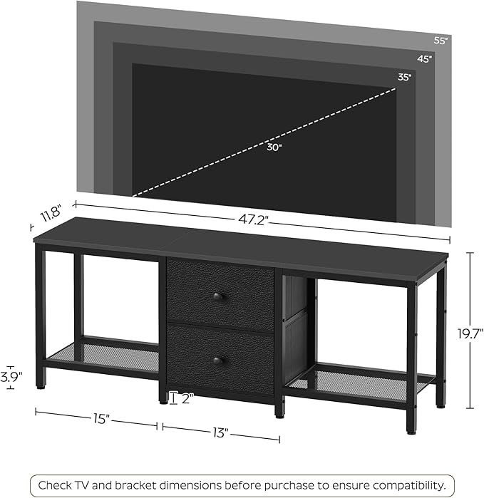 TV Stand for TVs up to 55 Entertainment Center with 2 Fabric Drawer Media Console with Shelves Television Stands for Living Room Bedroom Black DS02BB