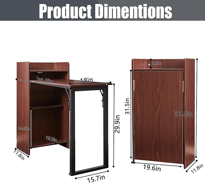 Fold Out Desk with Storage and Built-in Outlet Mid Century Foldable Desk for Small Spaces Hidden Folding Table for Home Office or Bedroom (Brown)