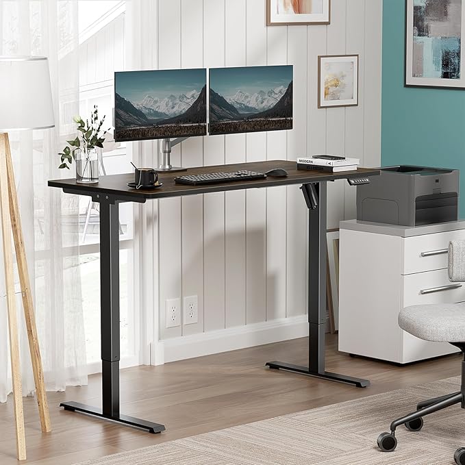 48 x 24 in One-Piece Electric Standing Desk Adjustable Height Sit to Stand Up Desk for Home Office Work &amp Study Black Frame &amp Brown Desktop (2 Packages)