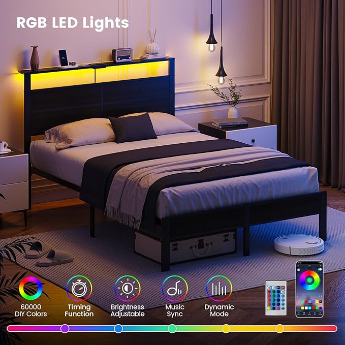 Full Size Metal Bed Frame with Storage Headboard LED Lights and USB Charging Ports Noise Free Platform Bed with Sturdy Slats No Box Spring Needed Easy Assembly