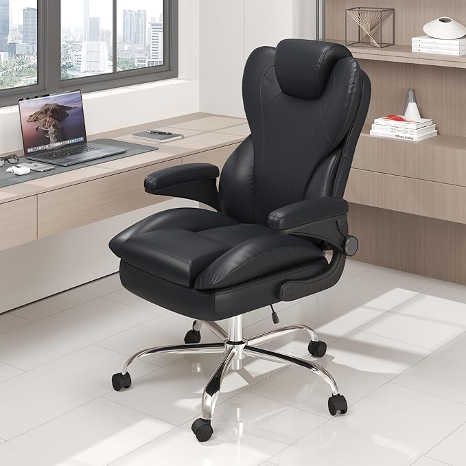 Office Desk Chair Executive Leather Office Chair High Back Ergonomic Home Desk Chair with Padded Flip-up Arms Big and Tall Computer Chair with Rocking Function 360°Swivel Free Black