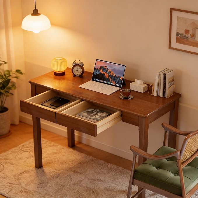 39 Inch Solid Wood Writing Desk with Drawers - Narrow Desk for Small Spaces Mid Century Modern Computer Desks Wooden Vintage Desks Study Table for Home Office Bedroom Walnut