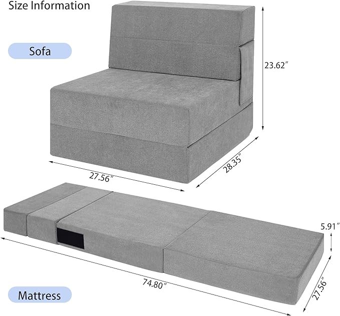 Sofa Bed Foldable Mattress Folding Sleeper Sofa Chair Bed Floor Mattress with Pillow for Living Room Home Office (Light Gray Single)