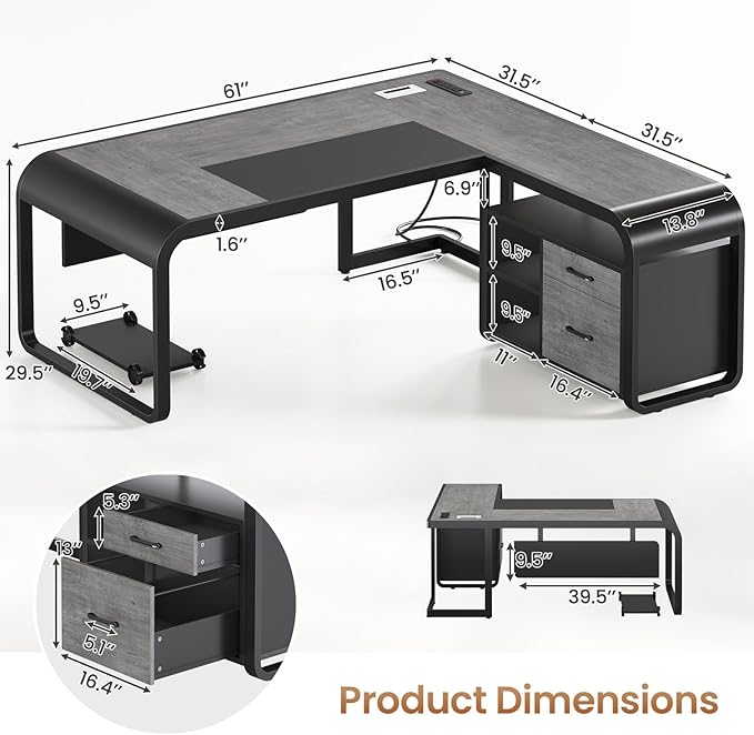 SEDETA 61 Inch Executive Desk Large Office Desk with File Drawer L Shaped Desk with Drawers Computer Desk with Mobile CPU Stand Storage Shelves Power Outlets for Home Office Gray