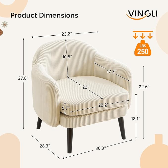 VINGLI 30.3 Wide Modern Barrel Accent Armchair with Track Armrest Solid Wooden Legs Comfy Upholstered Club Chair Round Single Home Sofa for Living Room Bedroom Reading Room Corduroy Beige