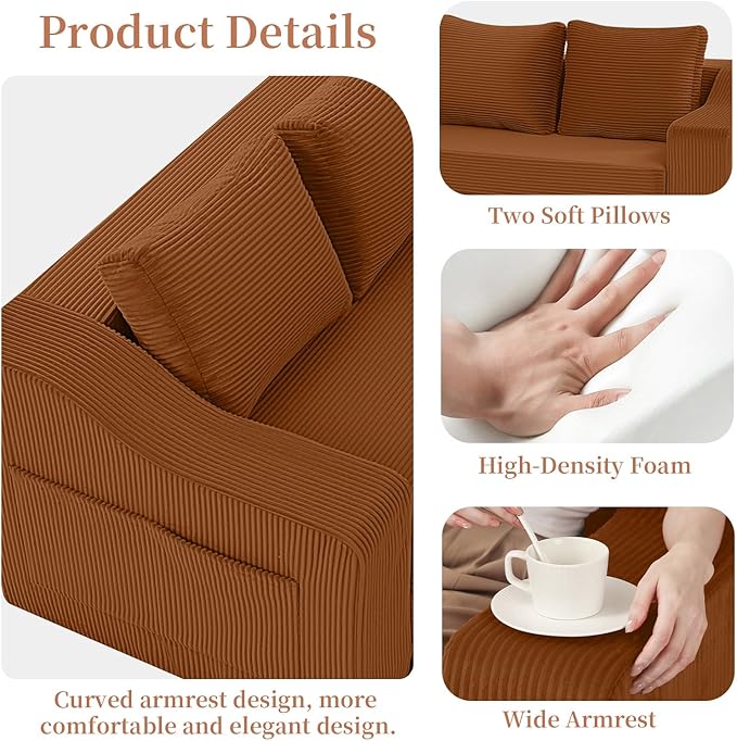 MeMoreCool Convertible Sofa Bed Pull Out Loveseat Sofa Sleeper Couch for Bedroom Living Room Lounge 2 in 1 Small Couch Bed with Pillow Foldable Love Seat Futon Corduroy Orange