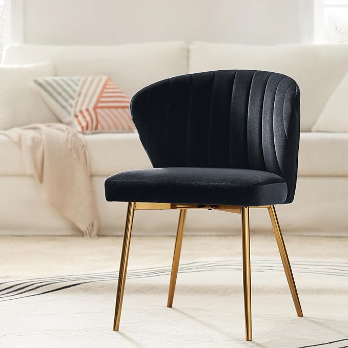 HULALA HOME Dining Chairs Set of 2 Velvet Upholstered Kitchen &amp Dining Room Chairs with Metal Legs Vanity Chair Armless Side Chairs for Living Room Bedroom Restaurant Channel Curved Backrest Bla