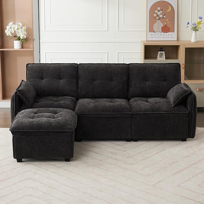 98'' Modular Sectional Cloud Couch with Movable Ottoman 3-Seater Chenille Deep Seat Sofa with Throw Pillows L Shaped Sectional Couches for Living Room Apartment(Black 3-seat)
