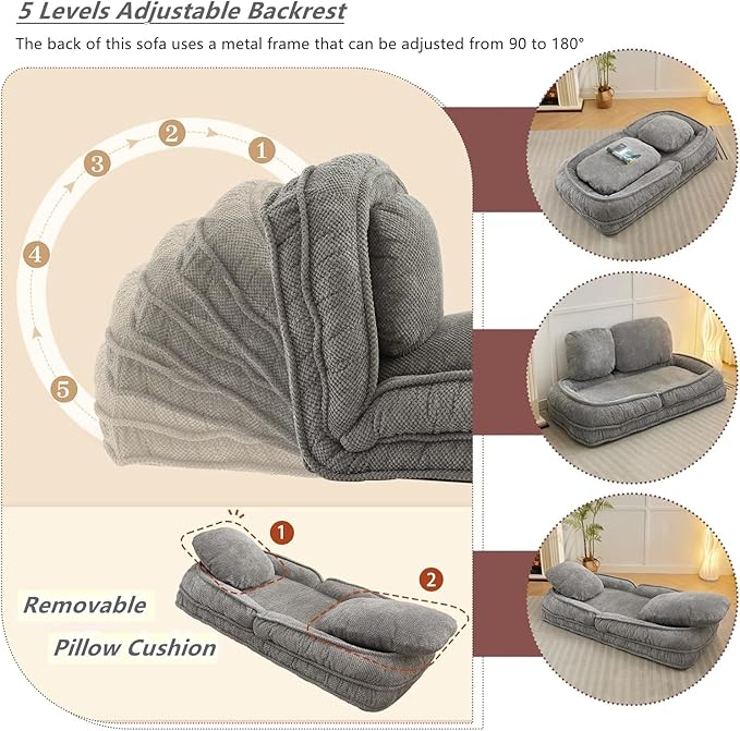 Foldable Lazy Sofa Bed Polyester Upholstered Human Dog Bed for Adults and Pets with 5 Adjustable Backrest Positions and 2 Soft Cushions for Living Room Bedroom Gray