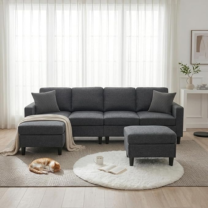101 L-Shape Modular Sectional Couch Convertible Linen Couch with 2 Ottomans Modern 4 Seater Upholstered Modular Sectional Sofa for Apartment Living Room Charcoal Black
