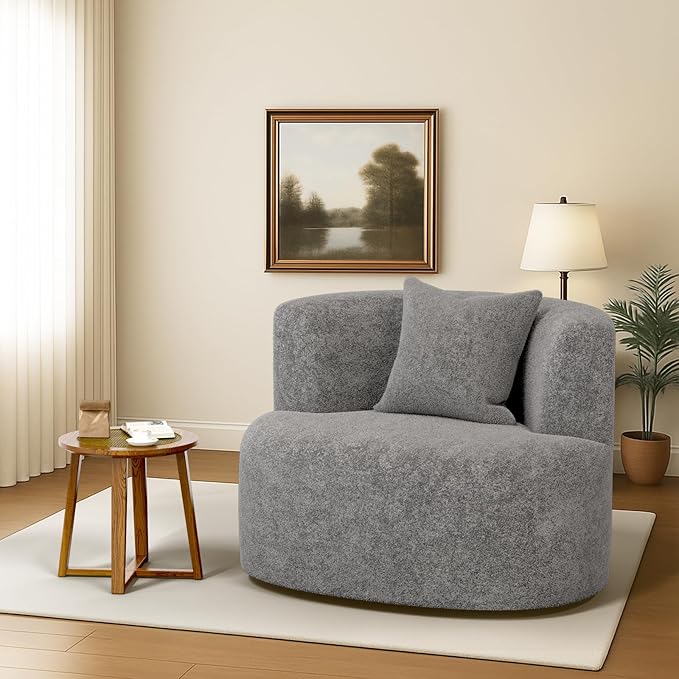 Swivel Accent Chair 360°Soft Accent Chairs Chenille Upholstered Living Room Chairs with Pillow and Curved Backrest No Assembly Arm Chair for Living Room/Bedroom/Office (Light Grey)