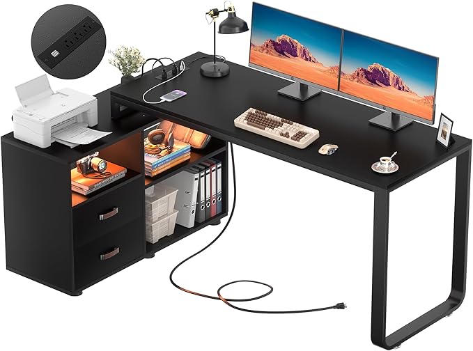 Homieasy L Shaped Desk with File Cabinet &amp Power Outlet Reversible 55 Inch Large Corner Computer Desks with LED Strip L-Shaped Computer Desk with Drawers and Storage Shelves Black