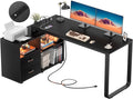Homieasy L Shaped Desk with File Cabinet &amp Power Outlet Reversible 55 Inch Large Corner Computer Desks with LED Strip L-Shaped Computer Desk with Drawers and Storage Shelves Black