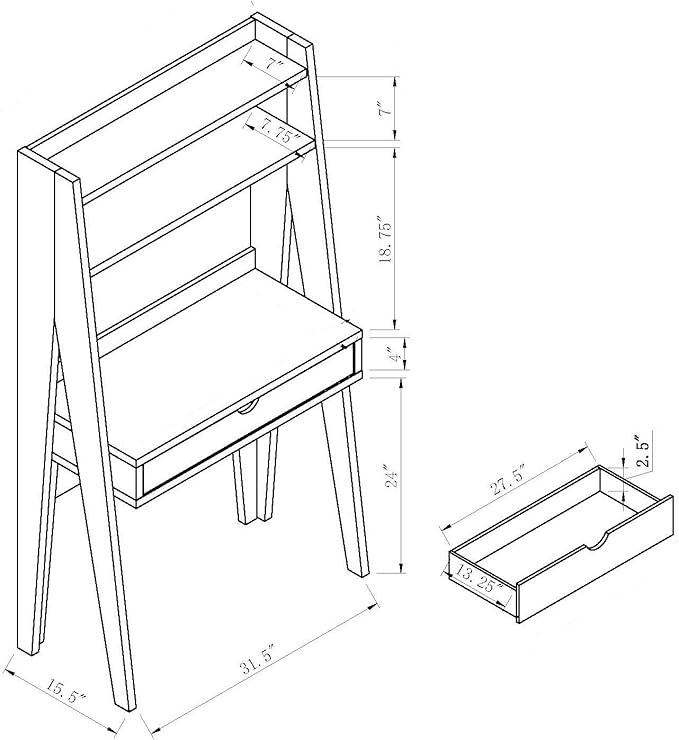 Ladder Desk Home Office Study Desk with Drawer and Two Shelves in Red Cocoa