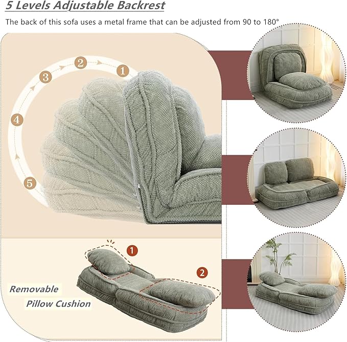 Foldable Lazy Sofa Bed Polyester Upholstered Human Dog Bed for Adults and Pets with 5 Adjustable Backrest Positions and 2 Soft Cushions for Living Room Bedroom Green