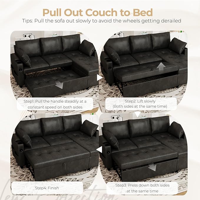 Esright Sleeper Sofa Bed 3-in-1 Pull Out Couch with Reversible Chaise Leather Sleeper Sofa with Storage USB Cup Holder Pullout Sectional Couches for Apartment Living Room Black | Hidden Storage