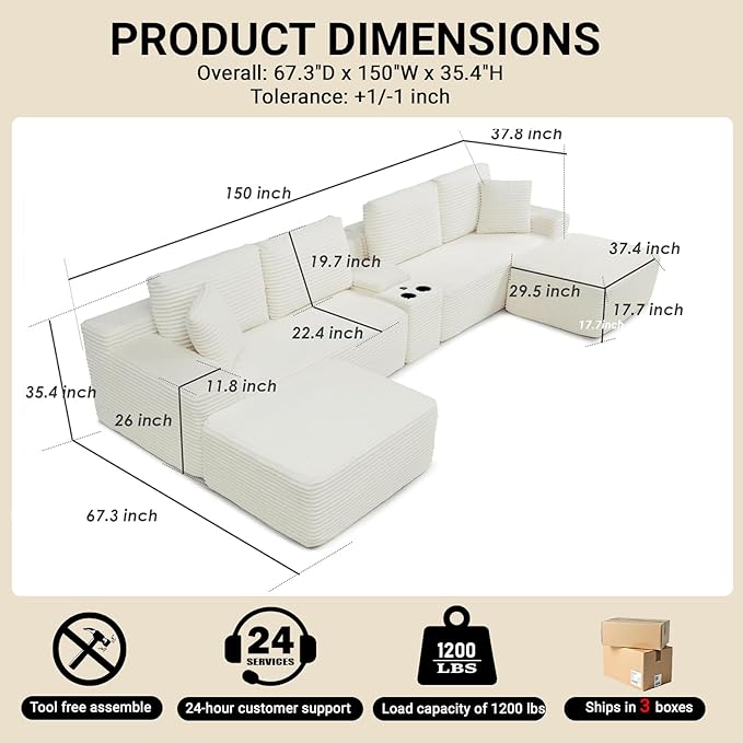 150 Oversized U-Shaped Sectional Sofa Deep Seat Boneless Cloud Corduroy Couch with Cup Holders USB Ports Wireless Charging &amp Storage Box Upholstered Modular Sleeper Sofa for Living Room Beig