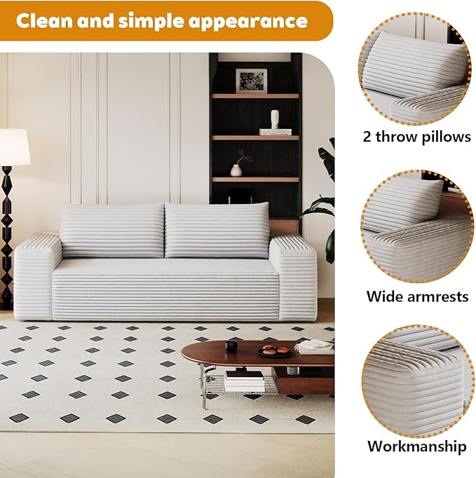 71 Sofa in a Box Compressed Boneless Couch with Wide Armrests &amp 2 Cushions Cloud loveseat Sofa for Living Room Memory Foam Deep Seat Corduroy Fabric No Assembly (White 3)