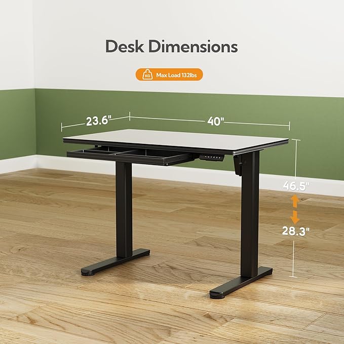 INNOVAR Glass Standing Desk with Drawers 40 x 24 Inches Electric Height Adjustable Desk Tempered Glass Top Stand Up Desks for Home and Office Black