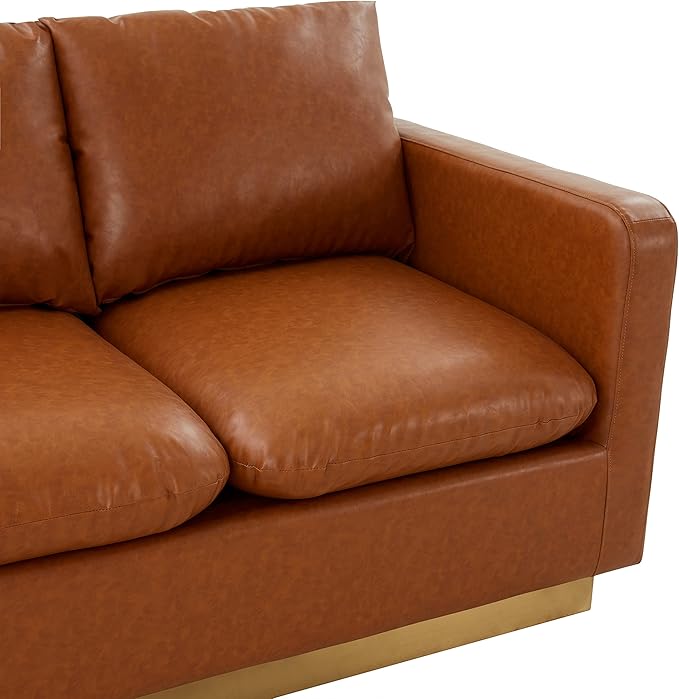LeisureMod Nervo Modern Upholstered Leather Loveseat Sofa 2-Seater Living Room Couch with Gold Metal Base and Removable Cushions Small Space Furniture for Living Room Office Cognac Tan