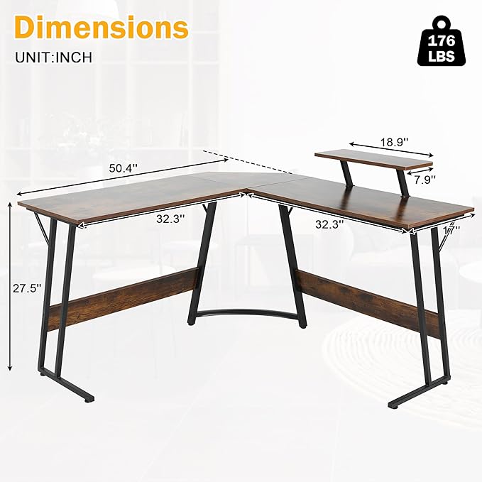 Bigacc L Shaped Gaming Desk 50 Corner Desk Spacious Dual Tops P2 Particleboard Metal Z-Legs Adjustable Non-Slip Pads Scratch/Waterproof Multi-Use Home Office/Game Room/Dorm