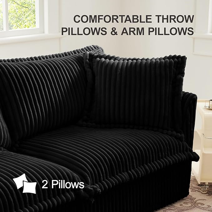 120 Inch 3-Seater Oversized Sectional Sofa with 2 Ottomans - Wide Deep Seat Removable Washable Corduroy Fabric for Living RoomBlack