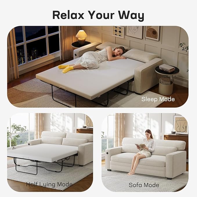 Marsail Pull Out Sofa Bed Full Size Sleeper Sofa with Memory Foam Mattress 2 USB Charging and Removable Covers Loveseat for Living Room Apartment Supports 600 LBS Chenille Fabric White