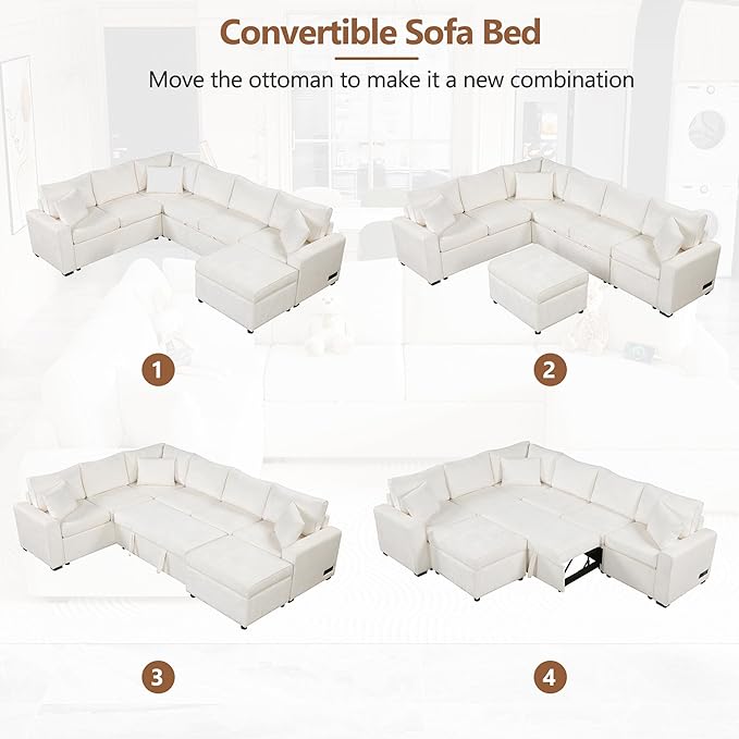 Modern Sectional Sofa Pull-out Sofa Bed Sleeper with a Storage Ottoman and 3 Pillows L-shaped Convertible Sofa Bed Chenille Upholstered Combination Couch for Living Rooms Offices (Cream-16)