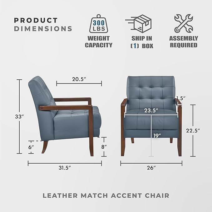 Lexicon Modern Accent Chair Luxury Genuine Leather Match Living Room Chair with Tufted Cushions Solid Wood Frame and Arm Rest Comfy Upholstered Single Seat for Bedroom/Reading/Office Blue