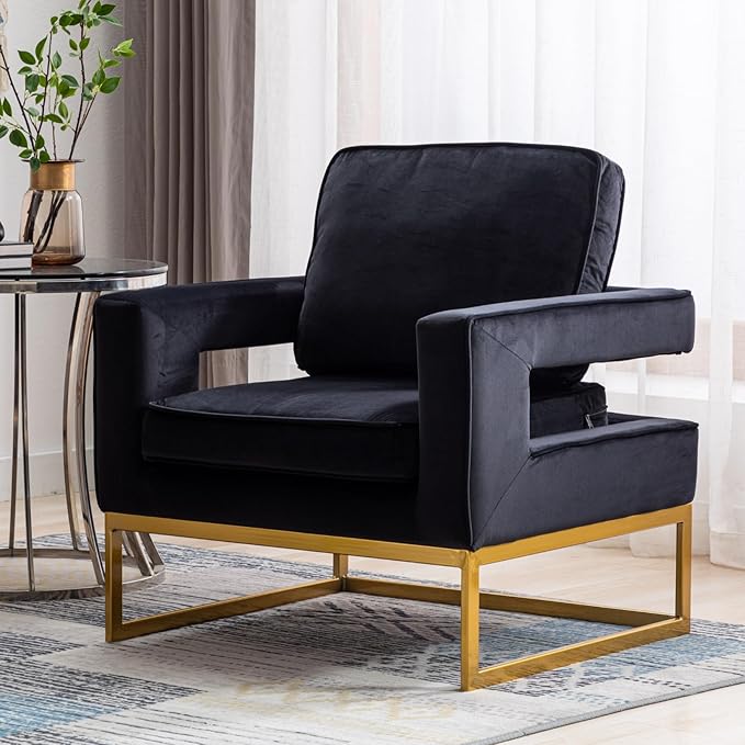 HEAH-YO Modern Accent Chair Set of 1 Upholstered Velvet Living Room Chair with Armrests Comfy Small Side Arm Chair with Gold Metal Legs for Bedroom Black