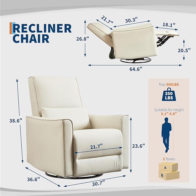 IDEALHOUSE Swivel Rocking Nursery Recliner Chair Rocker Recliner Glider Deep Seat PU Leather Sofa Chair with high Backrest for Nursery Living Room Bedroom &amp Home Movie Theater (Beige)