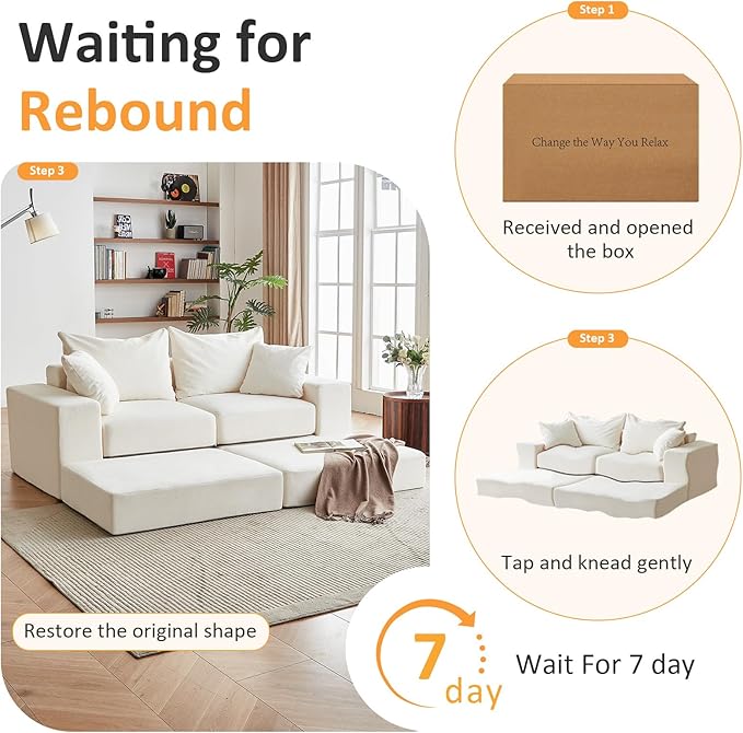 Modular Sectional Loveaeat Cloud Sofa Boneless Couch with Non Slip Base Modern Sleeper Sofa for Customizable Living Spaces Cozy Modular Couch with L-Shape Chaise Deep Seat &amp No Assembly Beige
