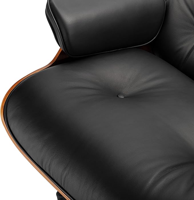 Top Black Grain Leather Mid Century Chaise Lounge Chair and Ottoman Modern Chair Classic Design Walnut Wood Heavy Duty Base Support for Living Room Office